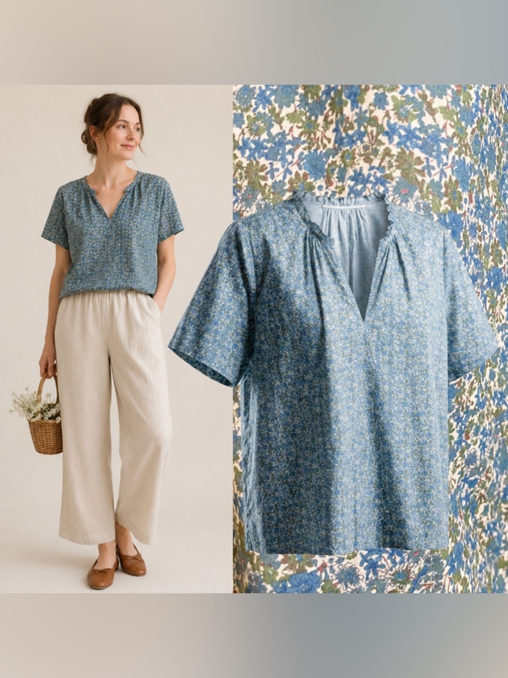 Trovata Blue Cotton Ditsy Floral Blouse Relax Top Shirt Popover Ruffle Cottage M